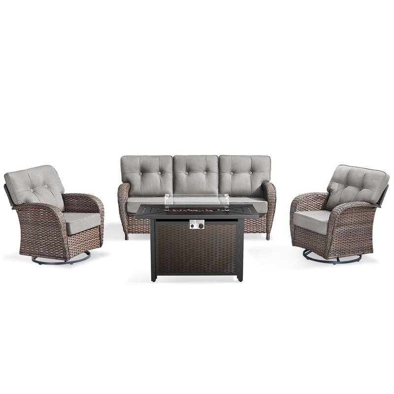 Pocassy Outdoor 43 In Fire Table with Sofa Patio Swivel Chair Set