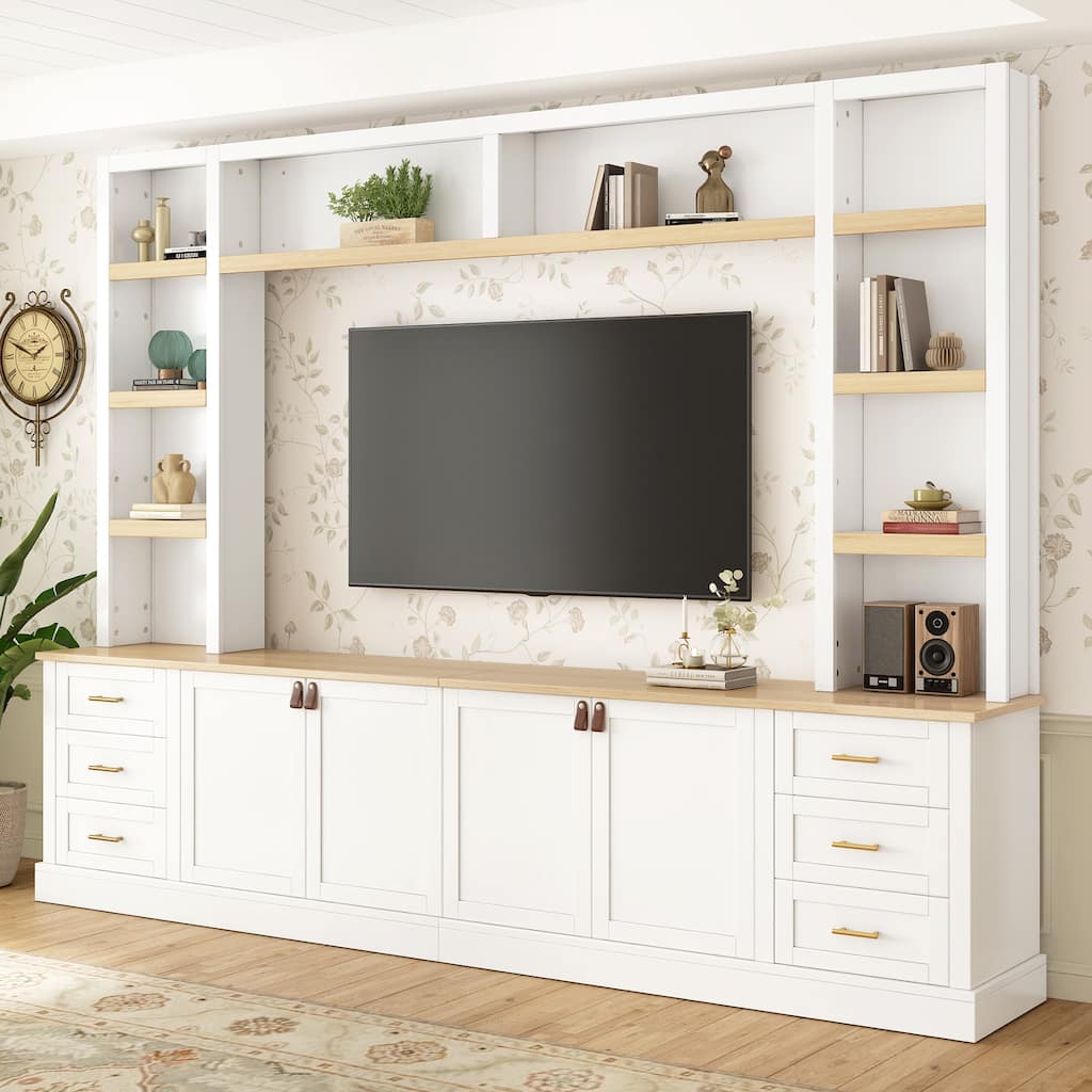102.3" Farmhouse TV Stand with 6 Drawers & Adjustable Shelves - Entertainment Center for 75" TVs with Bookshelves