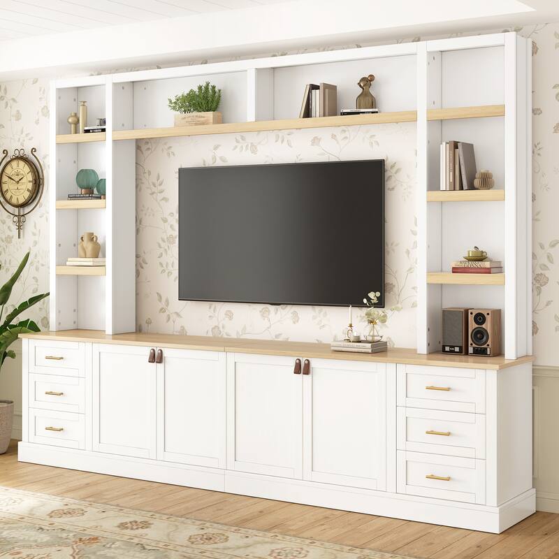 102.3"W Farmhouse 4-Piece Entertainment Center Wall Unit with Adjustable Shelf, TV Stand with Bookshelves for TVs Up to 75" - White