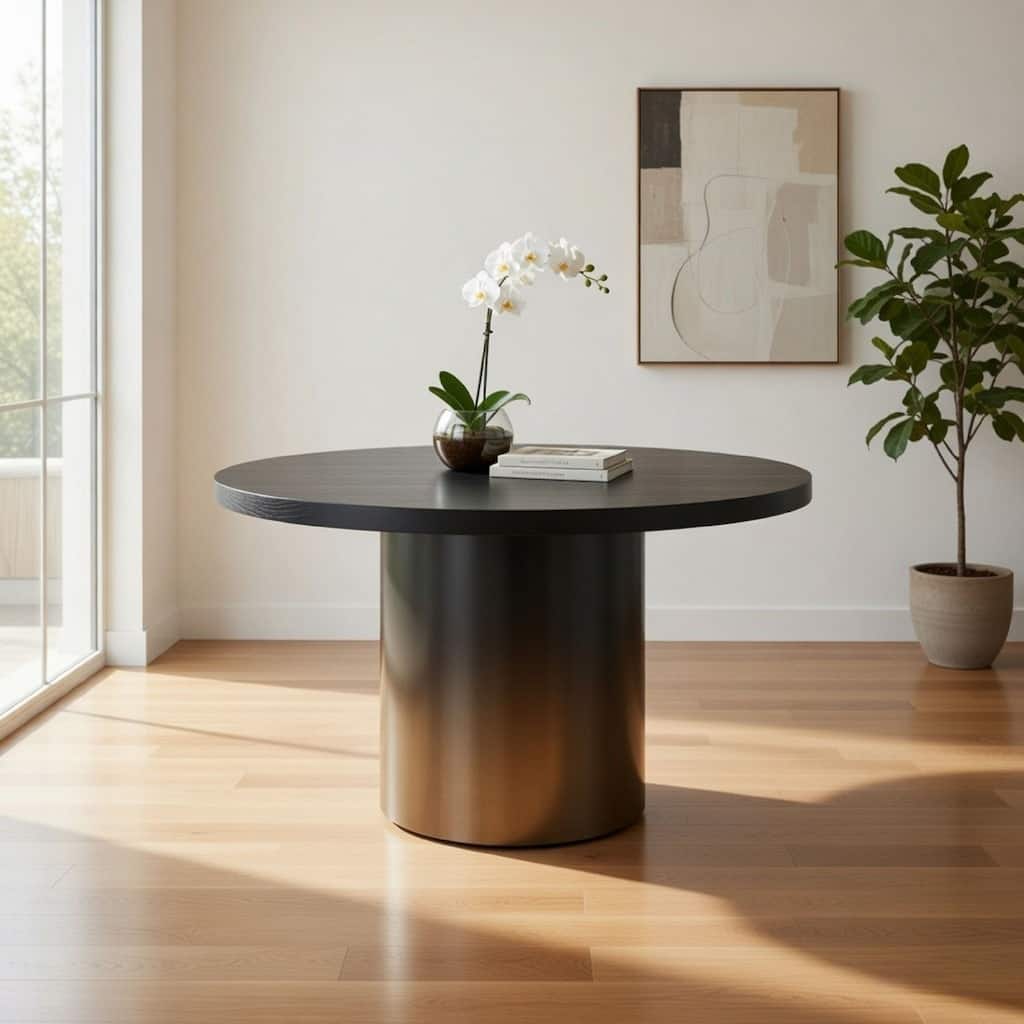 Cid Vito 47 Inch Dining Table, Round Top, Steel Pedestal Base, Black Wood