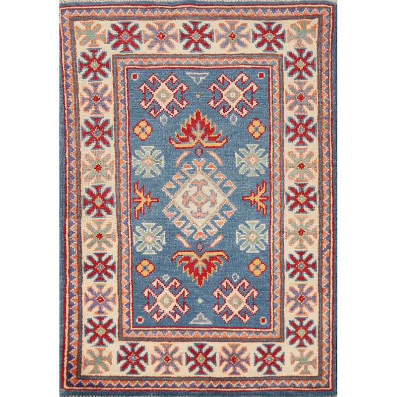 Blue Kazak Oriental Rug Traditional Hand-Knotted Wool Carpet - 2'0"x 3'0"