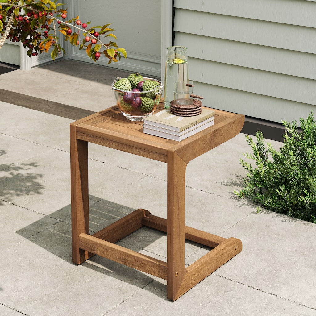 Roomfitters Ashwell Outdoor Acacia Wood C-Shaped Side Table for Patio or Living Room, Teak Finish