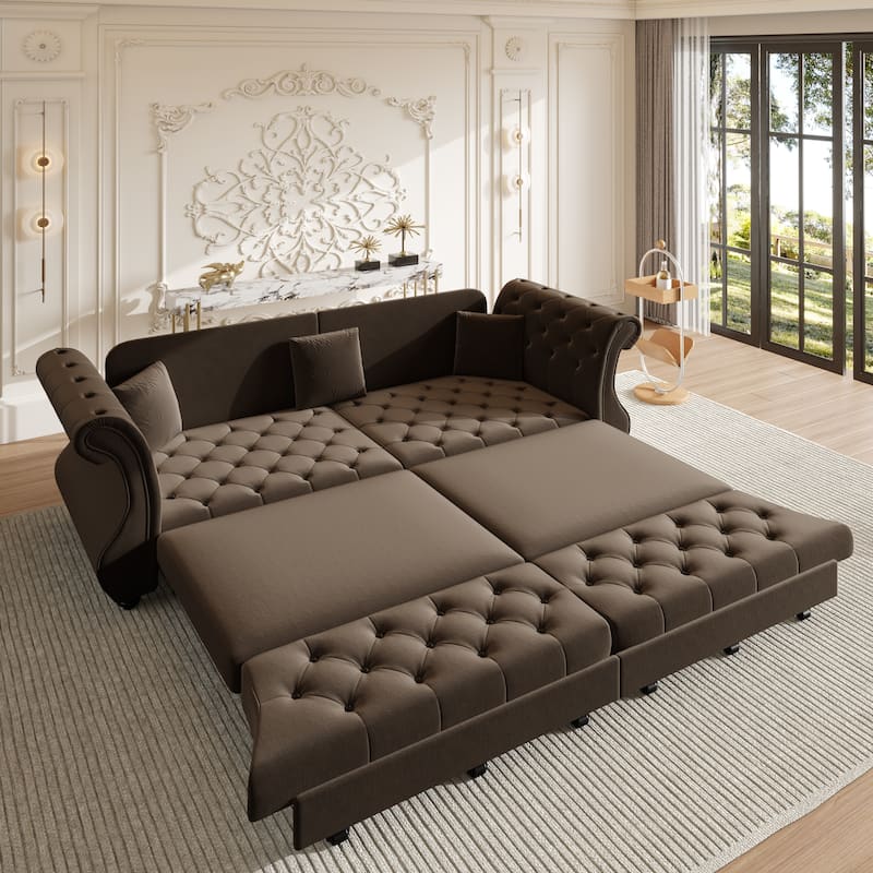 Chesterfield Pull Out Sofa Bed, Oversized 3-Seater/4-Seater Velvet Couch with Flared Arms, Convertible Sleeper Sofa