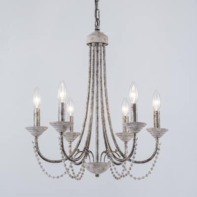6-Light 20" Rustic French White Antiqued Wood Beaded Chandelier Light for Dining Room, Living Room