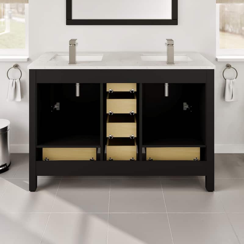 Eviva London 48"W x 18"D Espresso Double Sink Bathroom Vanity with White Carrara Quartz Vanity Top - 48"