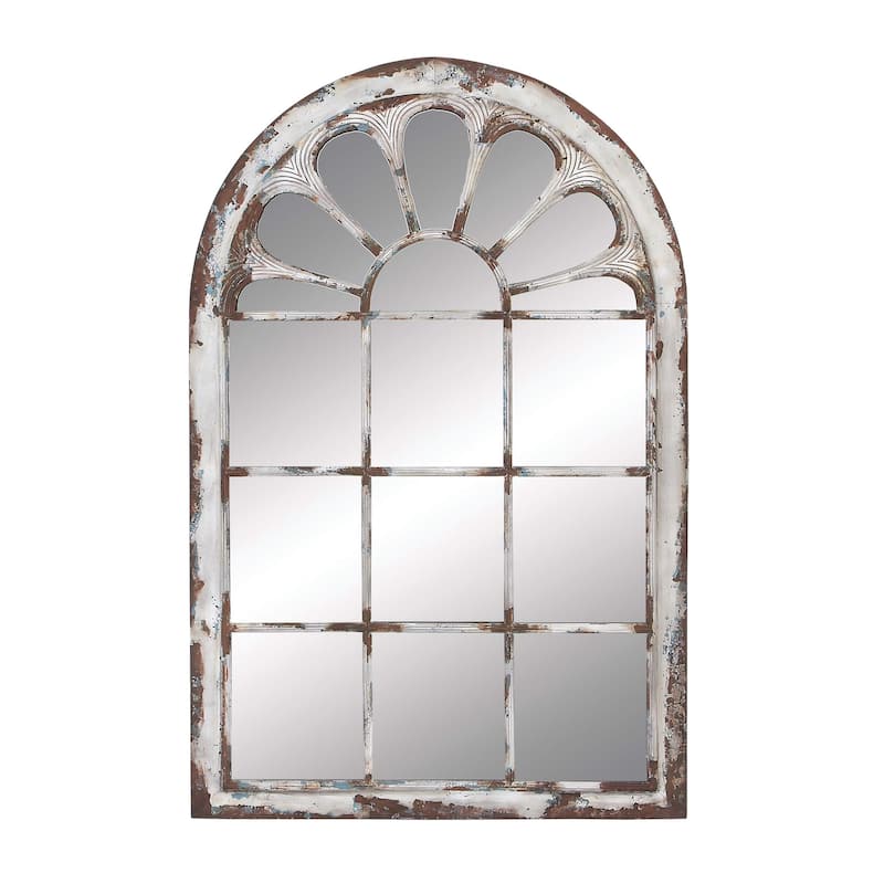 White Metal Window Pane Inspired Room Wall Mirror with Arched Top