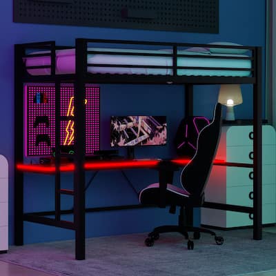 Roomfitters Twin/Full Size Gaming Metal Loft Bed Frame with Desk and USB Charge Station for Bedroom