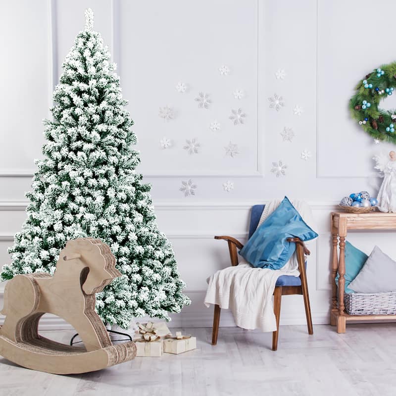 Costway 7.5Ft Pre-Lit Premium Snow Flocked Hinged Artificial Christmas - 7.5 FT