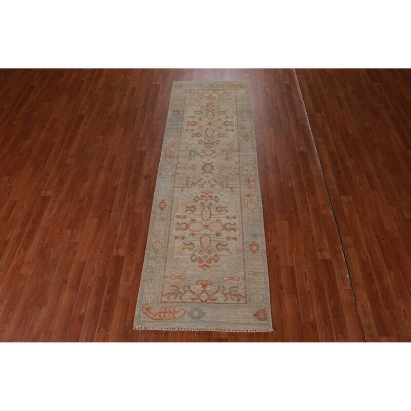 Hand Knotted Oriental 100% Wool Carpet Transitional Geometric Beige & Ivories Oushak Runner Rug - 8' 2'' X 2' 8''