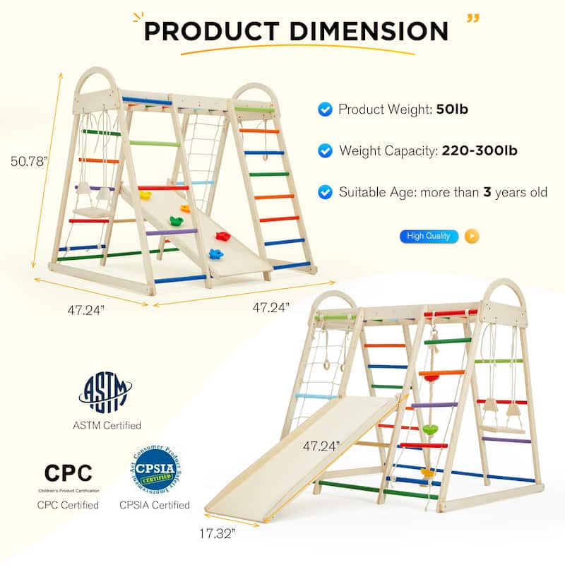 EROMMY 8-in-1 Wooden Climbing Gym for Kids - Indoor Playground Set with Slide, Monkey Bars, Climbing Wall, Wood & Rope Ladder