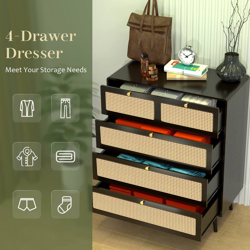Modern Rattan Dressing Table Storage Cabinet with 4 Drawers, Waterproof, for Bedrooms and Living Rooms