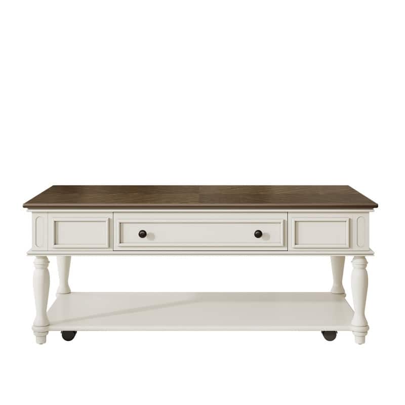 Farmhouse Coffee Table with One Drawer, Easy Assembly, Retro Movable Rectangular Cocktail Table with Lockable Wheels