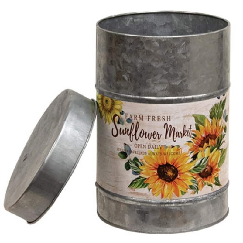 7-Inch Decorative Metal Canister with Farm Fresh Sunflower Design and Galvanized Finish Lid - 7" H x 4.75" Dia