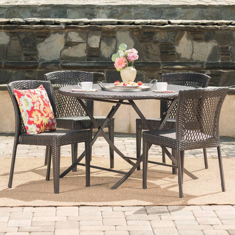 Rai Outdoor 5-Piece Round Foldable Wicker Dining Set with Umbrella Hole by Christopher Knight Home - Brown