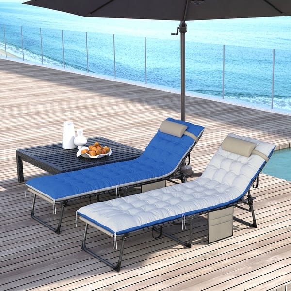 slide 2 of 7, Outsunny Chaise Lounge Chair Outdoor Set of 2, 5-Position Adjustable Pool Lounge Chairs, Folding Tanning Chair Beach Lounger Brown/Blue