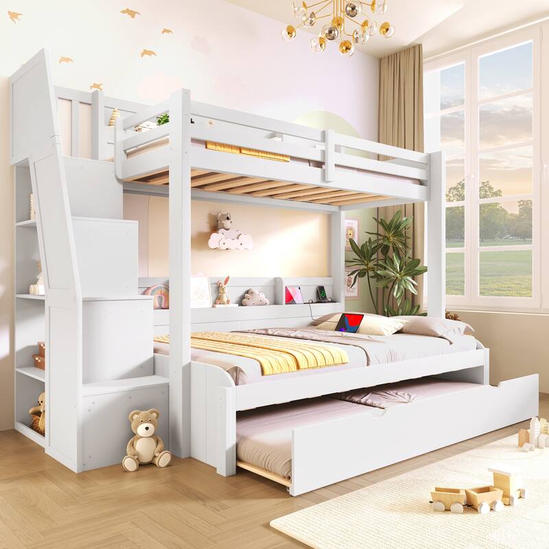 GDFStudio - Solid Wood Twin over Full Bunk Bed with Storage Staircase, Trundle, LED & USB