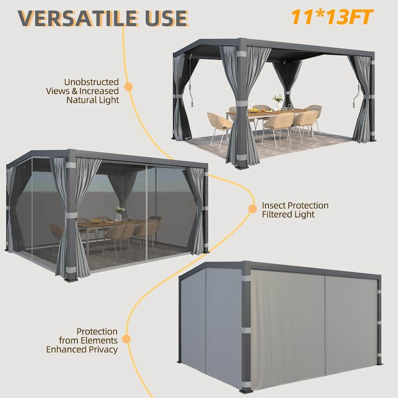 EROMMY Outdoor Louvered Pergola Gazebo with Adjustable Aluminum Rainproof Roof and Pull-Down Screen