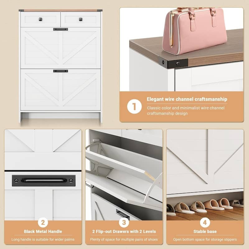 Modern Slim Shoe Cabinet with 2 Flip Drawers and 2 Drawers
