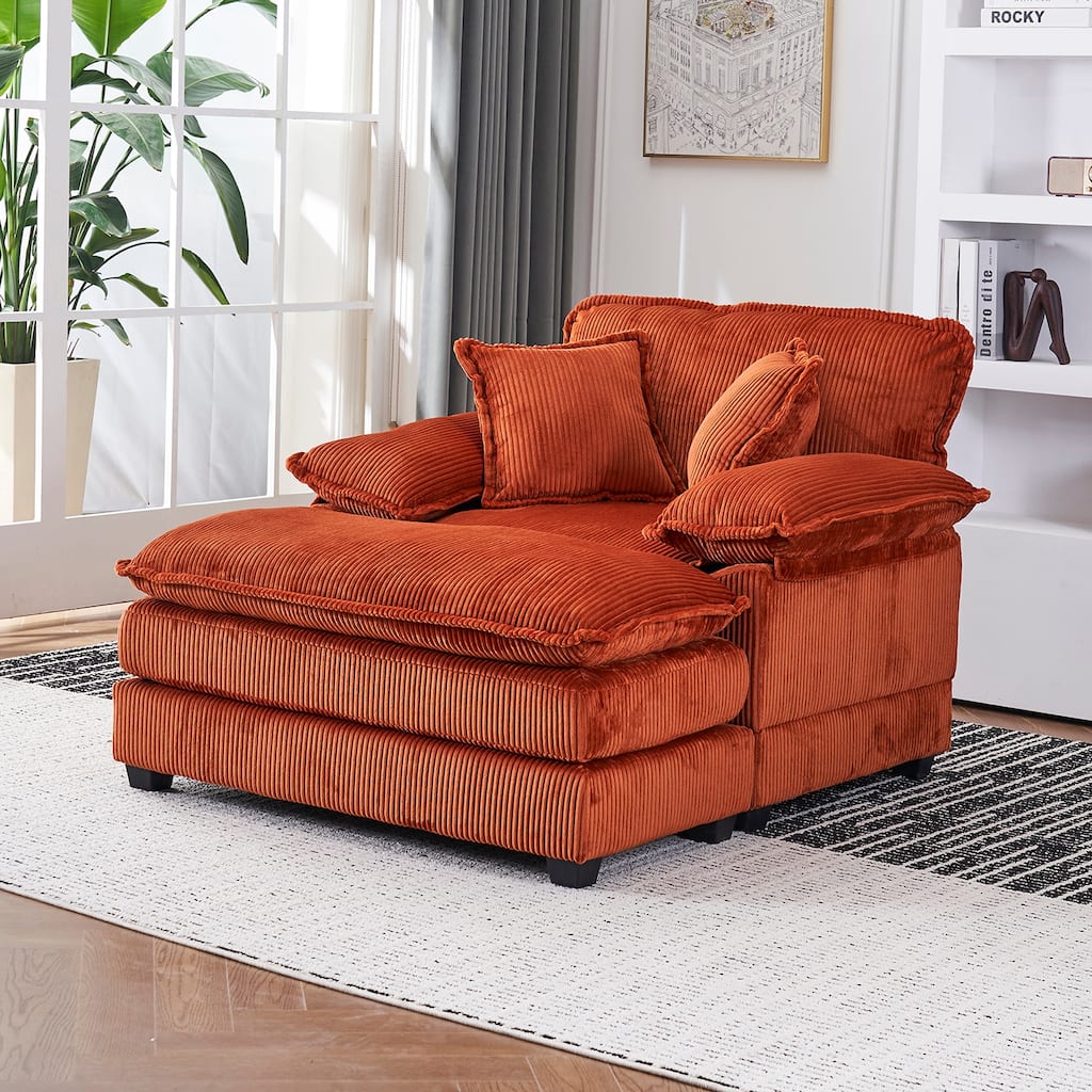 56.3 Inch Corduroy Single Deep Seat Sofa Chair With 2 Toss Pillows and a Ottoman