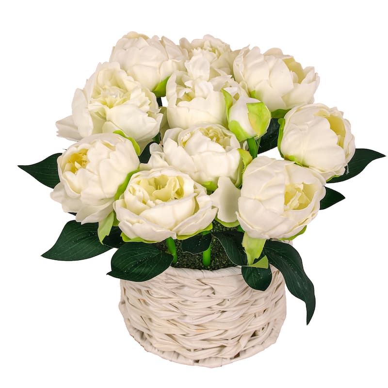 National Tree Company 10 in. White Peony Flower Bouquet in White Basket - 10 in