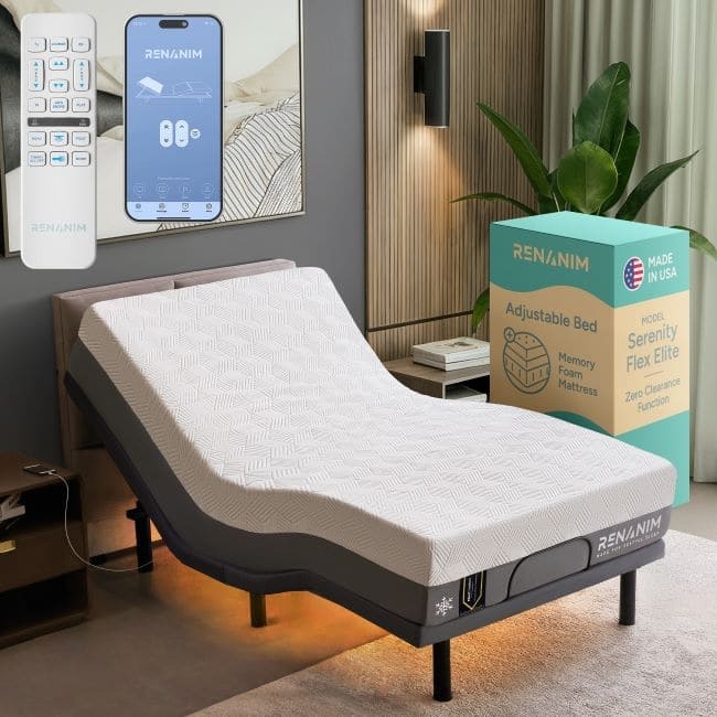 Renanim Zero Gravity Adjustable Bed Frame with 12" Memory Foam Mattress, Dual Massage, USB, Under Bed Light, Remote, App Control