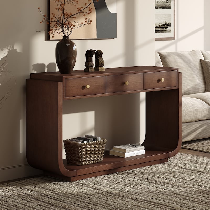 Christopher Knight Home - Alderwood Paulownia Veneer 3 Drawers Console Table with Curved Legs and Ample Storage - Walnut