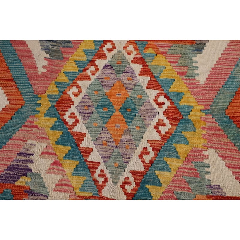 Geometric Kilim Oriental Area Rug Flatweave Orange Wool Carpet - 8'0" x 11'5"
