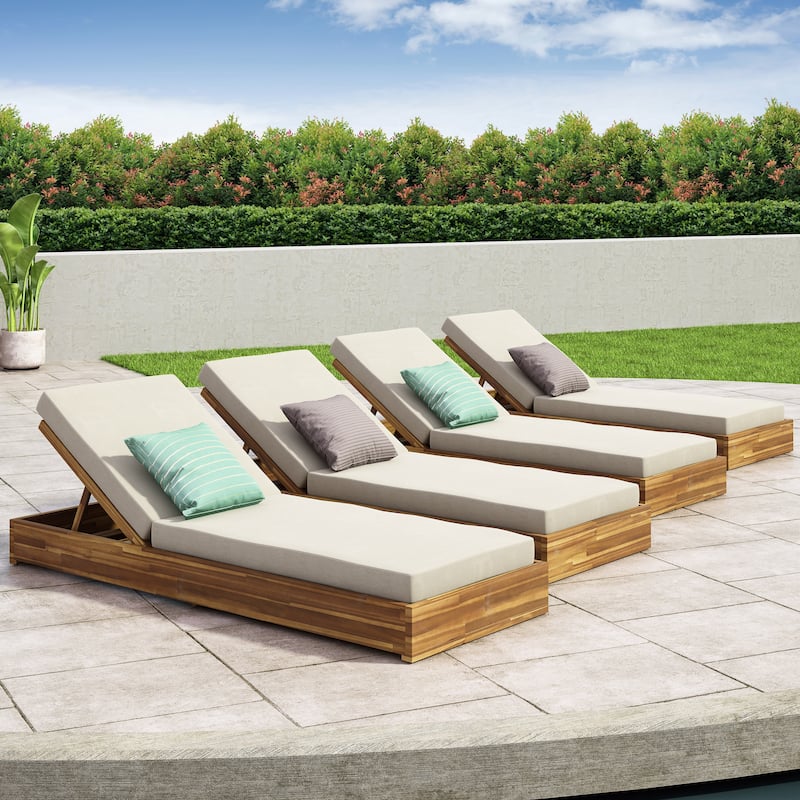 Ian Outdoor Acacia Wood Chaise Lounge with Cushion (Set of 4) by Christopher Knight Home - Teak Finish + Cream