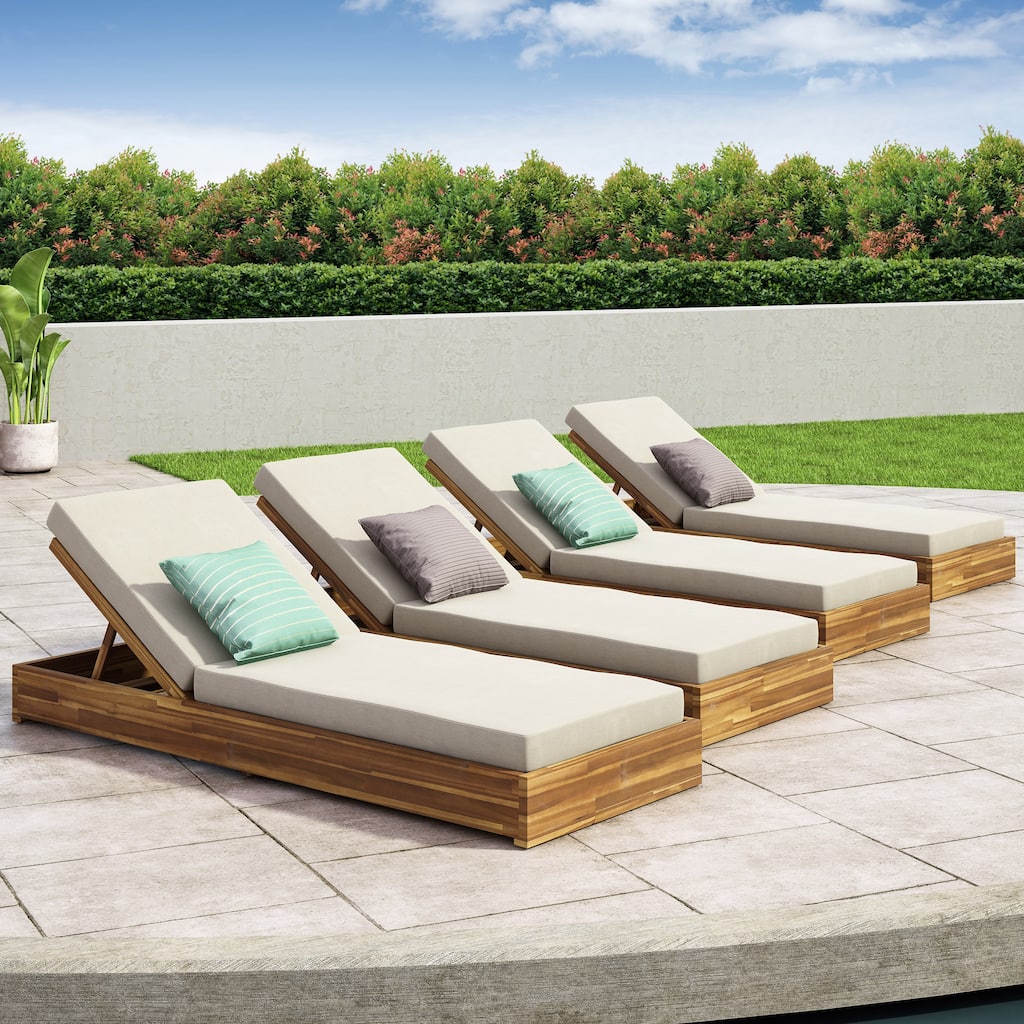 Ian Outdoor Acacia Wood Chaise Lounge with Cushion (Set of 4) by Christopher Knight Home