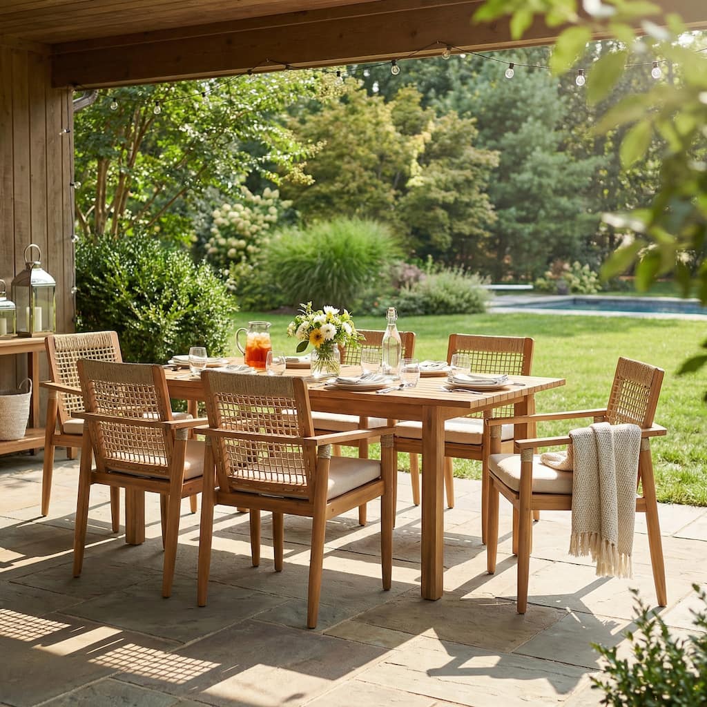 Christopher Knight Home - Mid-Century 7-Piece Outdoor Patio Dining Set with Expandable Acacia Wood Table & Rope-Weave Armchairs