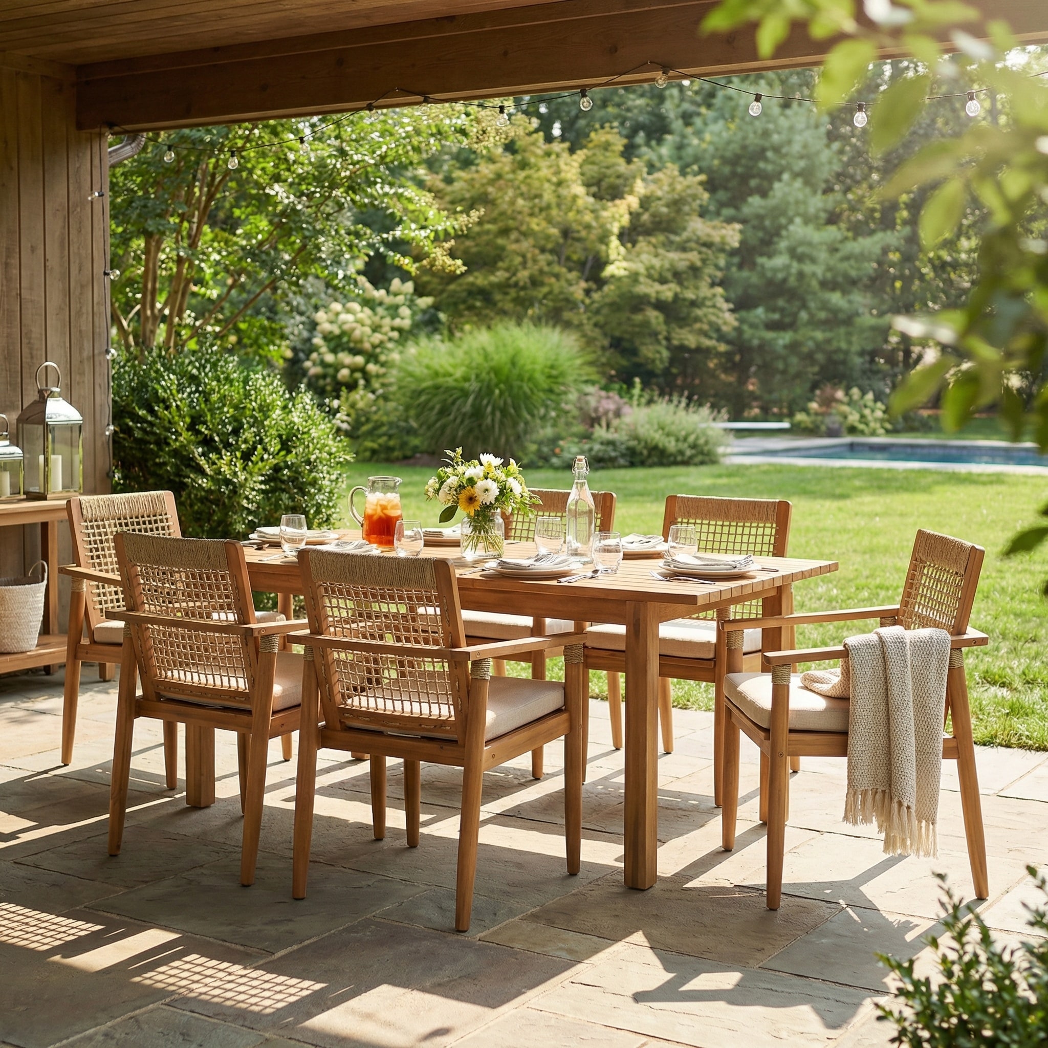 Christopher Knight Home - Mid-Century 7-Piece Outdoor Patio Dining Set with Expandable Acacia Wood Table & Rope-Weave Armchairs