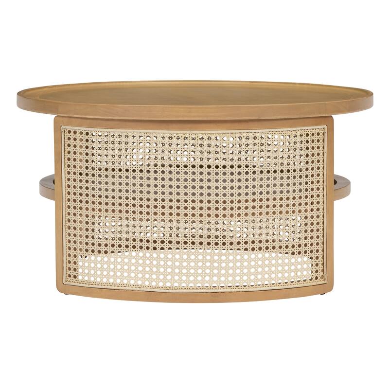 2-Tiered Round Coffee Table with Curved-Edge Top & Rattan Base, Boho Wood Center Table with Storage Shelf for Living Room