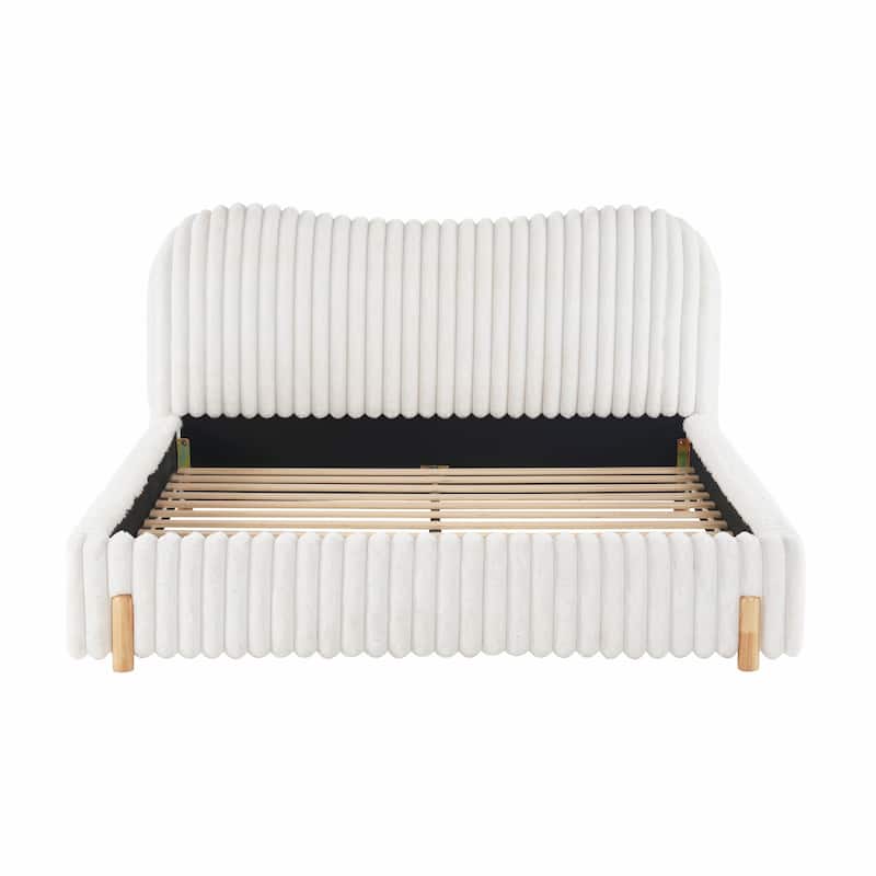 Sleek White Bouclé Upholstered Bed with Wavy Headboard & Vertical Stitching