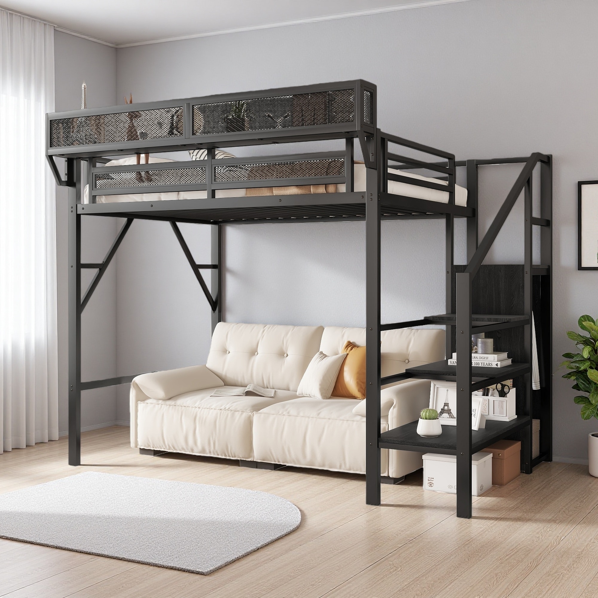 Twin Metal Loft Bed with Stairs & Wardrobe
