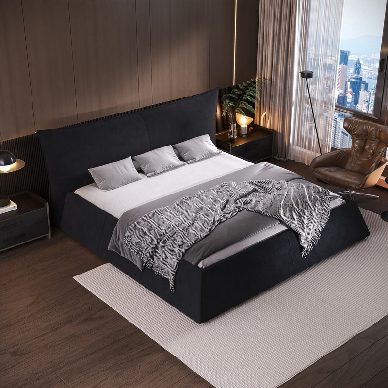 King Size Luxury Upholstered Platform Bed with Padded Headboard Oversized Velvet Floor Bed Frame with Adjustable Feet Bed Bath Beyond 39793774