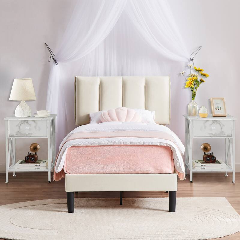 VECELO 3-Pieces Tufted Upholstered Beige Platform Bed Frame with Adjustable Height Headboard and Nightstands Set of 2 - White - Twin