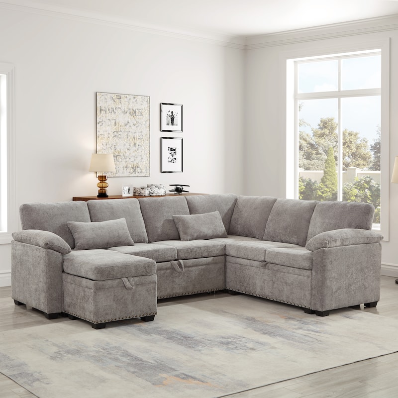 L-Shaped Chenille Sectional Sofa with Pull-Out Bed, Upholstered Convertible 7-Seater Sofa with Storage Ottoman & 2 Pillows - Grey