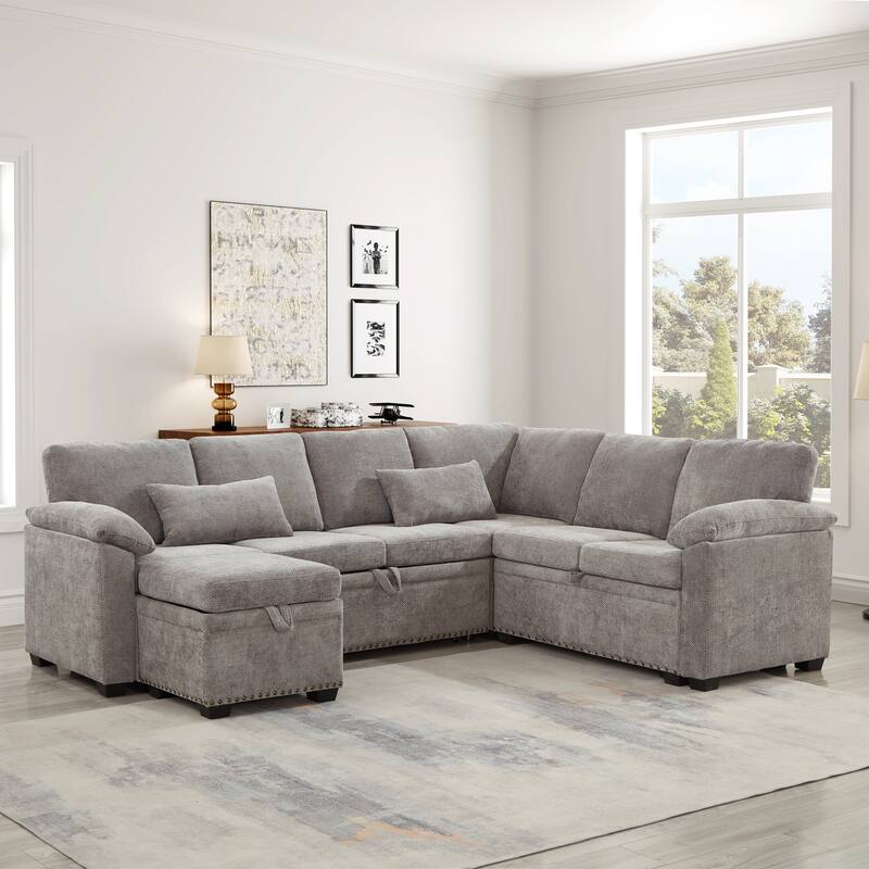 L-Shaped Corner Sectional Sofa with Seat and Storage Ottoman, Chenille Sofa Bed with 2 Pillows for Living Room Sleeper Couch