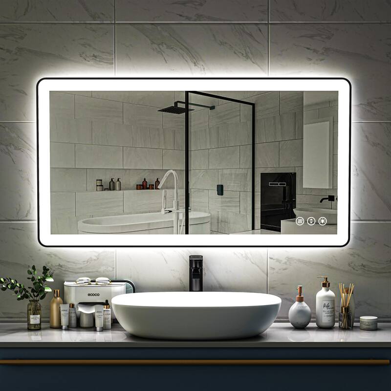 TOOLKISS Black Frame Anti-Fog Dimmable LED Light Vanity Bathroom Mirror with Backlit and Front Light