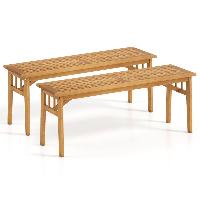 Gymax 2 PCS Acacia Wood Outdoor Bench 48'' Long Backless Wooden Picnic