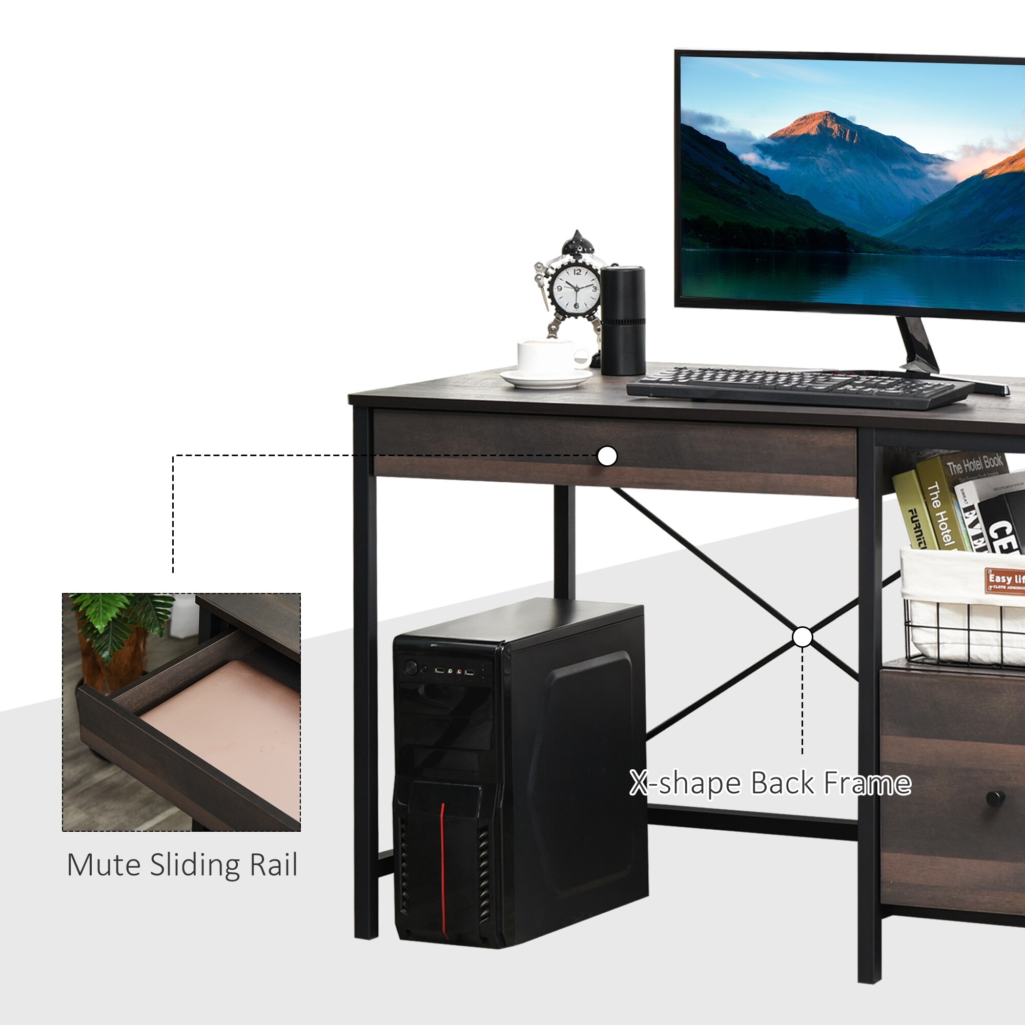 HOMCOM Computer Desk w/ Storage, Writing Study Table for Home Office, Brown
