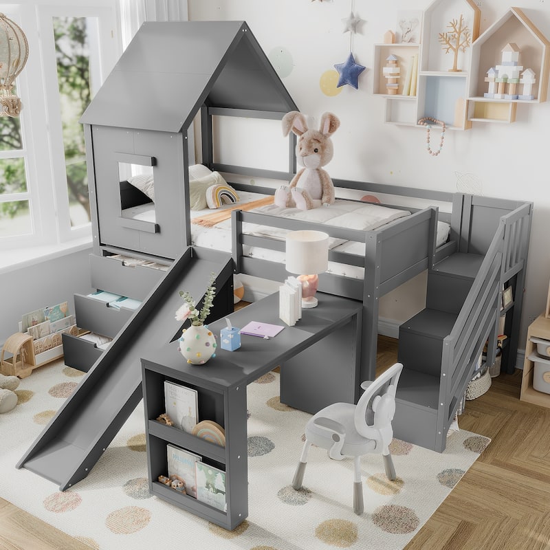 Twin Loft Bed with Storage Cabinets and Removable Desk, Kids House Loft Bed with Slide and Stairs, Childlike
