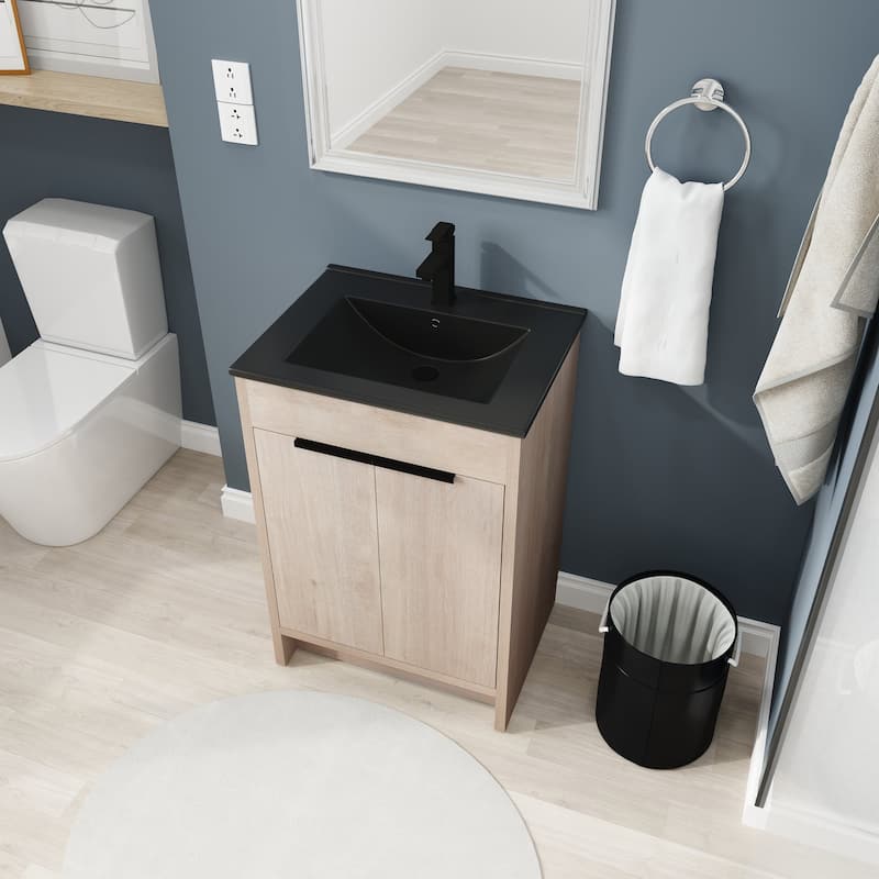 24 Inch Plywood Freestanding Bathroom Vanity With Adjustable Shelf and Black Integrated Ceramic Sink