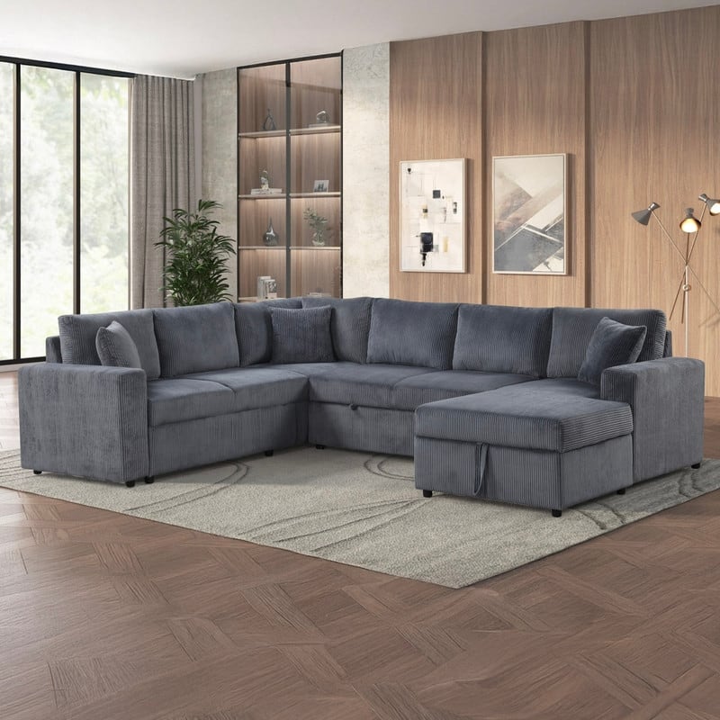 Ruxley 123"W Corduroy Sleeper Sectional Sofa with Right-Facing Storage Chaise and Throw Pillows - Gray