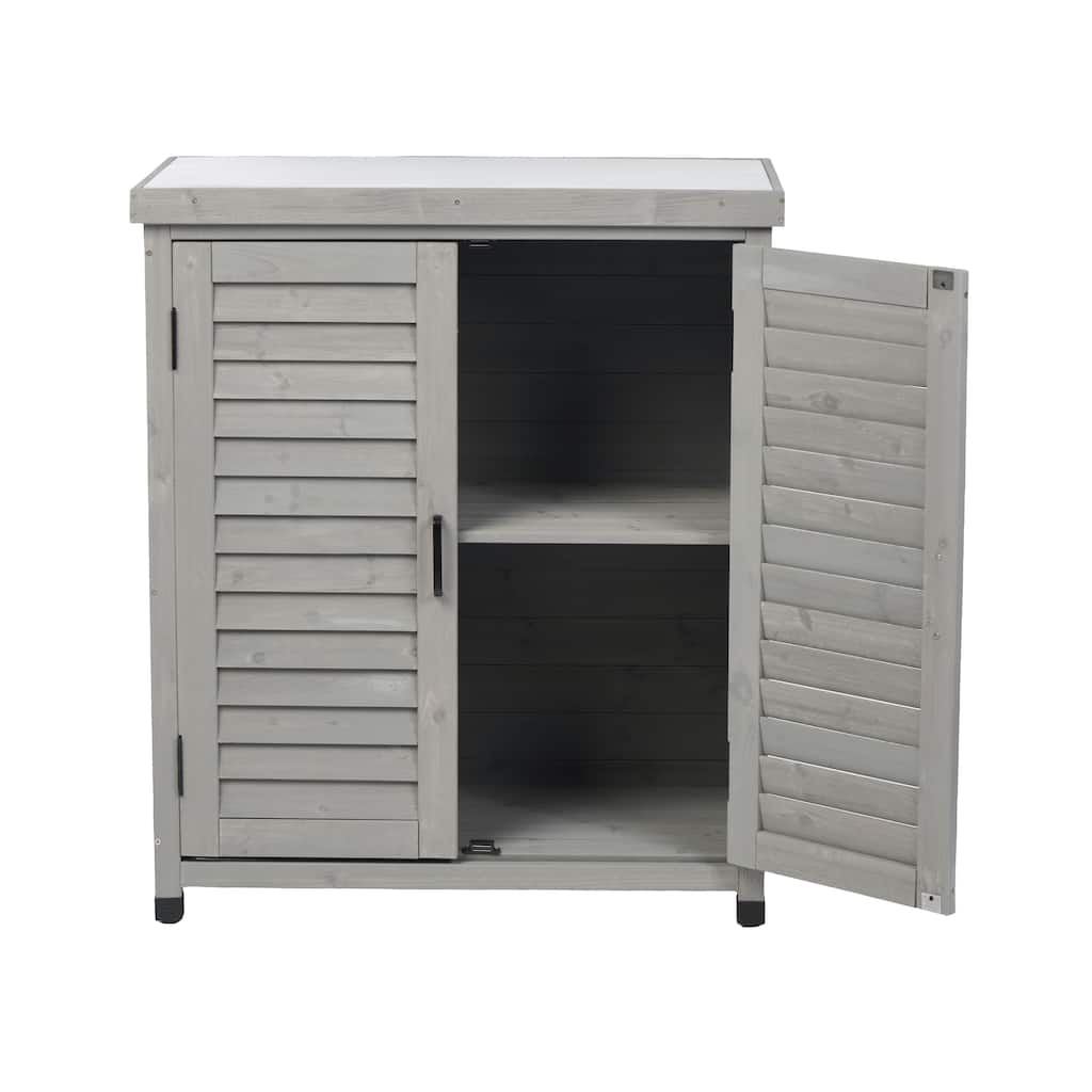 Potting Bench with Storage Cabinet and Metal Table Top for Outdoor Patio, Garden Furniture Wood Workstation