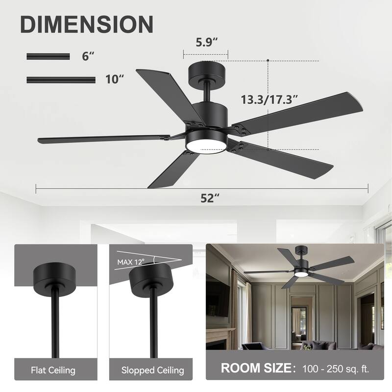 52-Inch Matte Black Ceiling Fan with RGB LED Light and Voice Control((5 Reversible Blades)