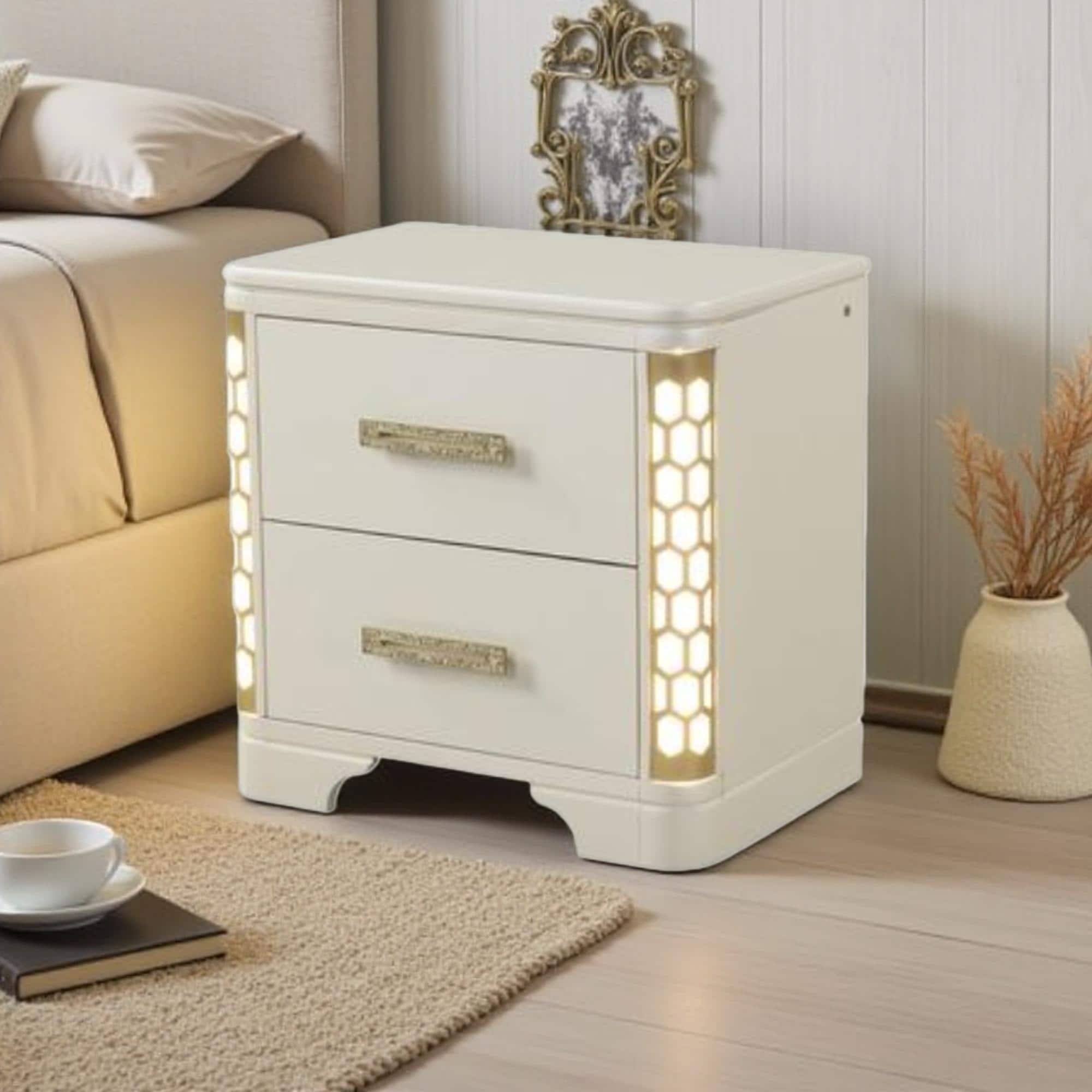 27"L Nightstand with Side LED Lighting Made with Wood - 2 Drawers with Gold Accent Pulls and Timeless Design
