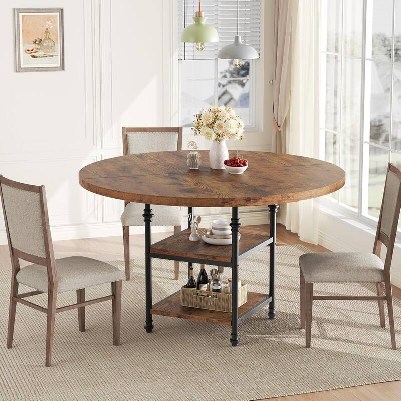 47" Round Dining Table for 4–6, Modern Wood Table with Storage Shelf & Roman Metal Legs, Table Only