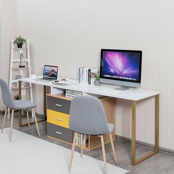 87" Home Office Reversible L-Shaped Double Desk for Two Person White Table 