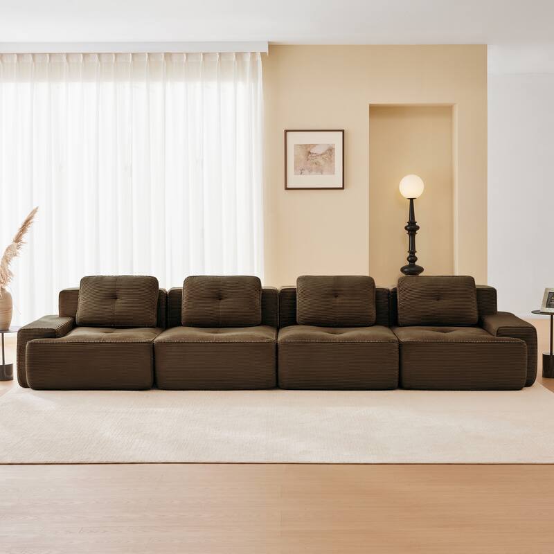 153" Modern Modular Corduroy Sectional Sofa, 4-Seater, Tufted Design - Brown